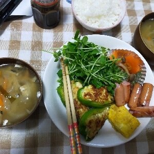 余った豆腐ハンバーグのタネ使用☆ピーマンの肉詰め